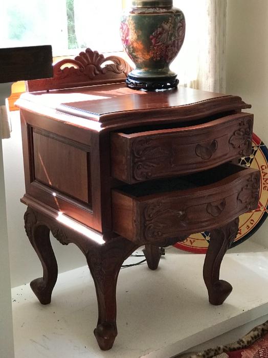GORGEOUS, ORNATE, CARVED PADAUK CABINET, 1950’s, and, ASIAN PILLOW display photo