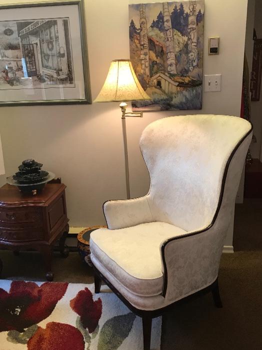 GORGEOUS 1920’s ROSEWOOD FAN CHAIR and FOOT STOOL, JAMES BAY display photo