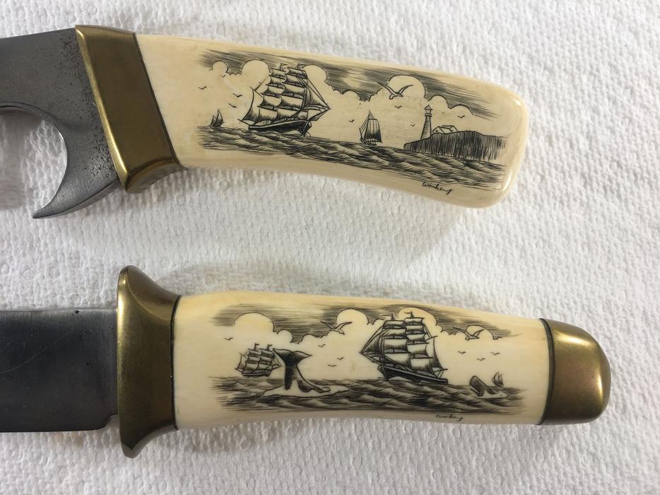 Very Scarce Antique Circa. 1910 Scrimshaw Knives ~ Sperm Whale Tooth Handles display photo