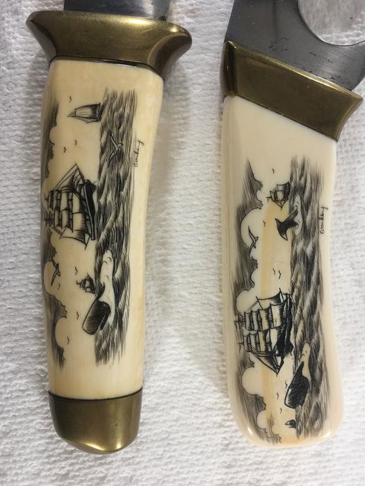 Very Scarce Antique Circa. 1910 Scrimshaw Knives ~ Sperm Whale Tooth Handles display photo