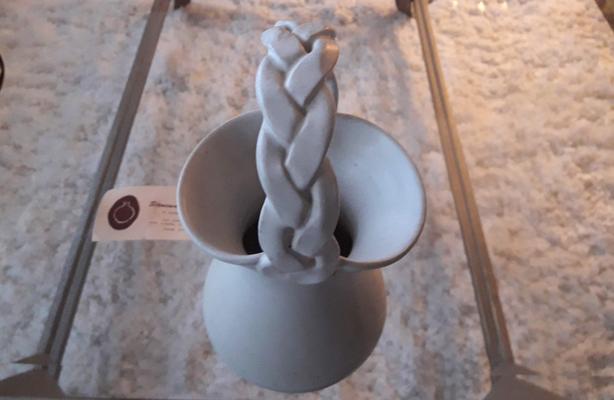 Stunning Handmade White Basket/ Vase with Braided Handle - Signed image 1