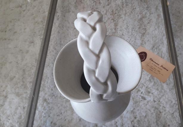 Stunning Handmade White Basket/ Vase with Braided Handle - Signed image 2