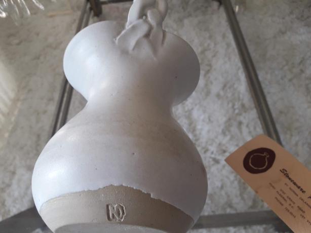 Stunning Handmade White Basket/ Vase with Braided Handle - Signed image 3