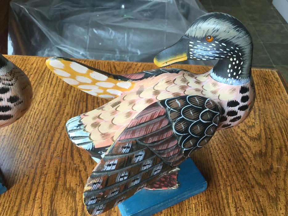 Vintage * TWO WOODEN CARVED DUCK DECOYS * On Base display photo