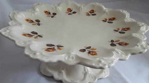 Magnificent Vintage Cake Stand Floral Yellow Roses Scalloped Porcelain image 1