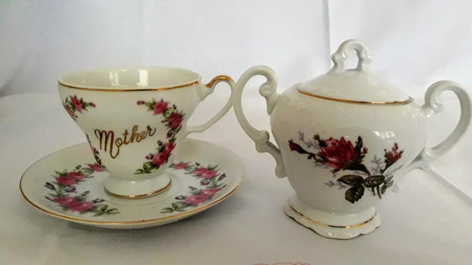 ROYAL ROSE Sugar Bowl And Bone China "Mother" Tea Cup and Saucer display photo