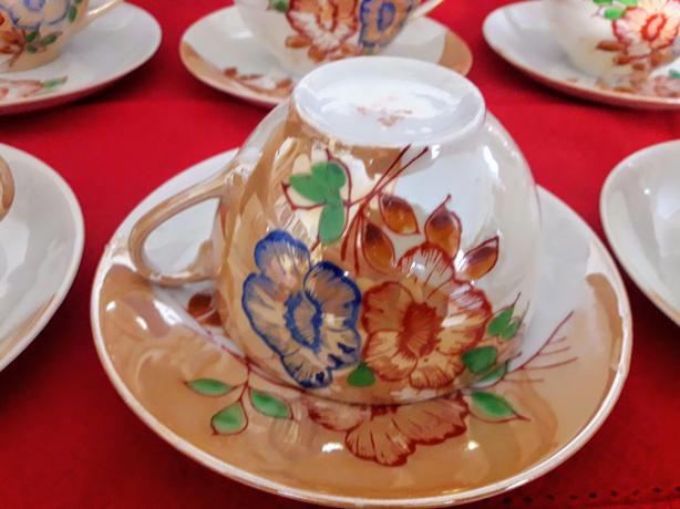 Vintage Japanese Fine China Luster Ware Hand Painted Tea Cups And Saucers image 2