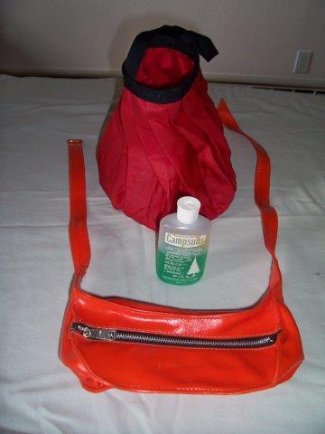 backpack, water bag, soap display photo